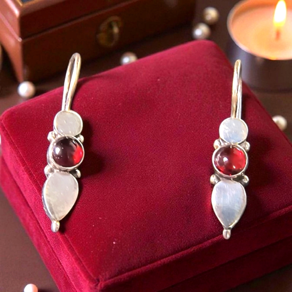 Red Garnet And Sterling Silver Drop Earrings